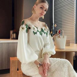 Women's Blouses Polyester Shirt Women Comfortable Touch Stylish Satin Embroidered Gauze Breathable Elegant