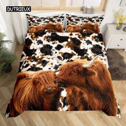 Set Cow Duvet Cover Set Rustic Vintage Western Wild Animal Bedding Set for Kids Boys Polyester Quilt Cover Double Queen King Size Sheer Curtains