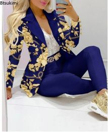 2024 Women Formal Jacket Trousers Office Lady Outfits Autumn Two Pieces Set Print Blazer Coat Pants Suit Sets Female 240226