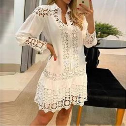 Dress Spring Long Sleeve Button Office ALine Dress Women Casual Lace Lapel Solid Party Dress Elegant Hollow Embroidered Mature Dress