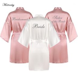 Women039s Sleepwear Dusty Pink Robes Women Silver Writing Party Bride Dressing Gown Satin Silk Short Wedding Gift Bridesmaid Te4335634