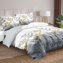 Set Grey Walls And Leaves Design Bedding Set Decorative 3 Piece Duvet Cover with 2 Pillow Shams Sheer Curtains