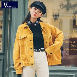 Jackets Vangull Yellow Corduroy Jacket Women Spring Bomber JacketLong Sleeve Fashion Pocket Cotton Basic Coat Stylish Loose Outerwear