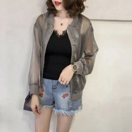 Jackets Organza Sunscreen Women's Summer Cardigan Long Sleeve Short Bright Silk Jacket Thin Coat Baseball Uniform Shirt