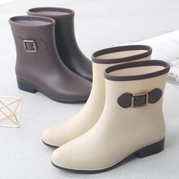 Autumn Ankel Women Rubber Boots Warm Winter Non-Slip Rainboots Color-Blocking Bow Female Water Shoes botas de mujer 240228