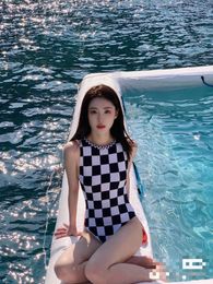 Women's Swimwear Prin.frog 2024 Fashion Slimming Black And White Plaid Small Logo Metal Decorative Round Neck Backless One Piece Swimsuit