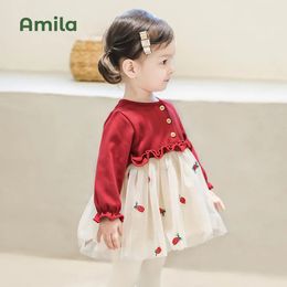 Amila Baby Girl Princess Dresses Spring Autumn Breattable Garn Patchwork Print Childrens Födelsedag Söta kläder 240301
