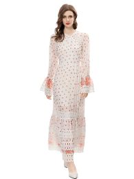 Ladies Spring High Quality Fashion Party Milky White Print Lace Chiffon Flare Sleeve Elegant Chic Girls Pretty Long Sleeve Dress