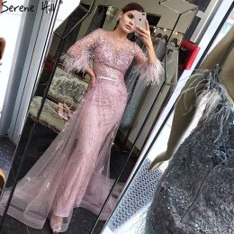 Rests Serene Hill Gold Long Mermaid Evening Dresses Gowns 2023 Beading Feathers Elegant Sexy for Women Party Bla70827