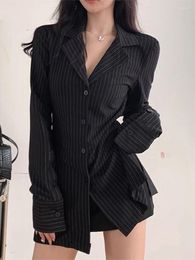 Women's Blouses Vintage Black Striped Women Shirts 2024 Spring Summer Slim V-neck Single Breasted Long Sleeve Lady Office Streetwear