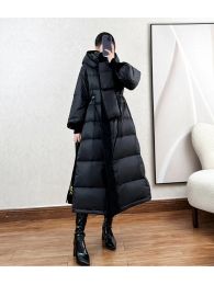 Coats Winter Long Thick Down Jacket for women with hooded pull chain and wide cuffs, fashionable pufferfish black navy snow coat