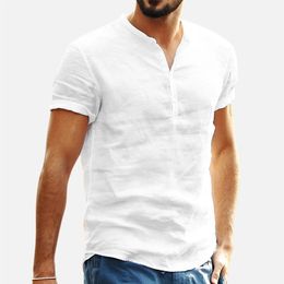 Summer cotton linen mens solid Colour short sleeved beach style shirt stand up collar Hawaii holiday casual T-shirt 240302