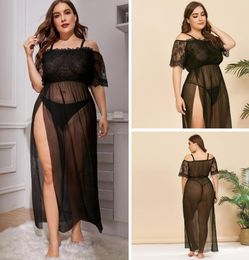 In Stock 4 Plus Size Women Underwear Sexy Mess Night Long Dress Nightgown Hollow out Nightdress Lingerie Lace Nightwear Transparen1172500