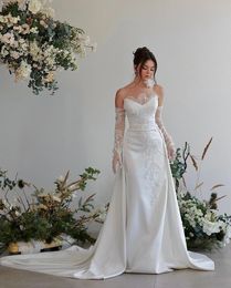 Elegante Spitze Meerjungfrau Hochzeitskleid trägerlose abnehmbare Ärmeln Brida Kleid V-Ausschnitt Bodlange Robe de Mariage