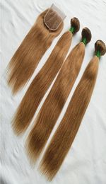 Color 30 Peruvian Straight Hair 3 Bundles With Closure New Arrival Peruvian Honey Blonde Remy Human Hair Weave Bundles With Lace 9890948