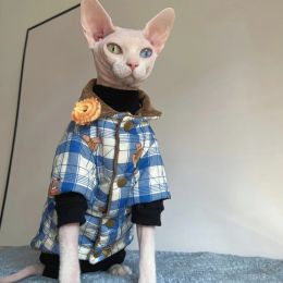 Clothing Sphynx Cat Clothing in Winter Blue Plaid thick Jacket for Devon Rex Soft Long Sleeves Coat for Kittens Dogs Christmas Costumes