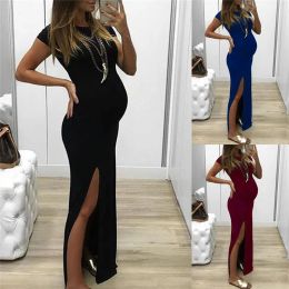 Dresses Solid Tightfitting Long Maternity Dress Short Sleeve Open Fork ONeck Pregnant Pregnancy Women Clothing Mother Home Clothes