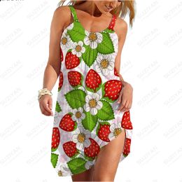 Dress Fashionable Summer Women's Hawaiian Style Fruit Strawberry 3D Printed Beach Skirt with U Neck Short Sleeve Women's Aline Skirt