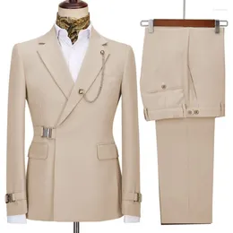 Men's Suits Beige Male With Belt Design 2 Pieces Notch Lapel Blazer Trousers Wedding Clothing Tailored Men Sets Party Wear Outfit