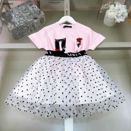 Luxury kids dress sets summer Two piece suits child tracksuits Size 110-160 CM short sleeved T-shirt and Spotted lace short skirt 24Feb20