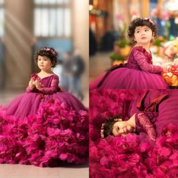 2020 Lovely Ball Gown Girl039s Pageant Dresses Lace Top Long Sleeves Tiered 3D Flowers Puffy Tulle Birthday Prom Gowns Kids For2504623