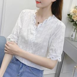 Women's Blouses Design Embroidery V Neck Chiffon Shirt Woman 2024 Summer Short Sleeve Lace Blouse Women Korean Thin Sweet Casual Tops 27661