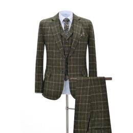 Suits Men Suits 3 Pieces Slim Fit Business Suits Groom Army Green Noble Plaid Wool Tuxedos for Formal Wedding suit(Blazer+Pants+Vest)