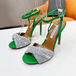 Aquazzura Luxury Designer high heeled sandals womens Dress shoes Crystal Embellished rhinestone stiletto Heel ankle strap Evening 35-40