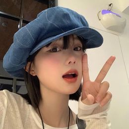 Berets Vintage Denim Spring And Autumn Korean Versatile Show Face Small Cloud Octagonal Hat Japanese Retro Sboy Caps Woman