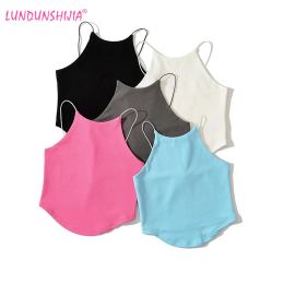 Camis LUNDUNSHIJIA Hot Sale 2022 Summer Double Layer Cotton High Elasticity Camisole Women Sexy Crop Tops Fashion Curved Hem Tops