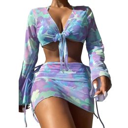 Swimwear Gradual Colour Print Bikini Split Swimsuit 4Piece Women's Beach Swimsuit Sun Protection Swimsuit Set LaceUp BikiniSL Size