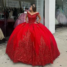 Sparkly Red Princess Quinceanera Dresses Off Shoulder Gillter Applique Lace Sequins Tull vestido de debutante 15 anos