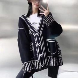 Women's Knits Print Graffiti Unique Long Cardigan Women Loose V-neck Sleeve Jacket Knitted Female Cardigans Sweaters Coat Y2k Tops