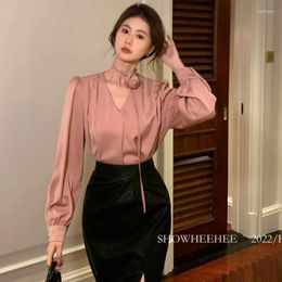 Women's Blouses Shirt Women Satin Korean Style Pleated Flower Bow Tie Celebrity Top Loose Drape Temperament Slim Fit Regulai Tops