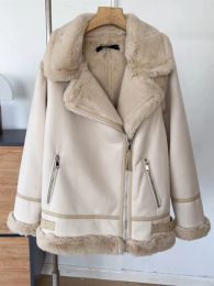 Jackets FTLZZ New Autumn Winter Women Fashion Faux Suede Leather Fur Jacket Streetwear Loose Thick Warm Snow Coat Moto Biker Outwear