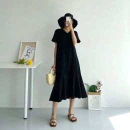 Dress Summer New Pleated Patchwork T Shirt Dress Solid V Neck Short Sleeve Loose Plus Size Ladies Dresses Fashion Casual Women Clothes