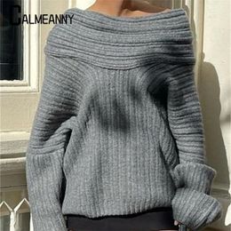 Elegant Solid Slash Neck Women Sweater 2023 Autumn Winter Casual Loose Long Sleeve Jumpers Female Ribbed All Match Streetwear 240301