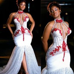 African Nigeria Prom Dresses For Black Women White Evening Dresses Halter Tiered Tulle Evening Gowns Promdress Rhinestones Beads Sequined Lace Birthday Gown AM433