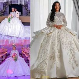 Lyxig arabisk stil en linje bröllopsklänningar långa ärmar puffy tåg prinsessa glittrande paljetter brudparty klänningar plus storlek robe de äktenskap bc14746