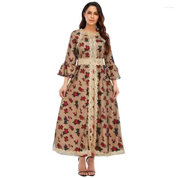 Ethnic Clothing Print Embroidery Lace Mesh Muslim Dress Middle East Dubai Arabic Gown For Women Long Sleeves Elegant Party Robe Abaya