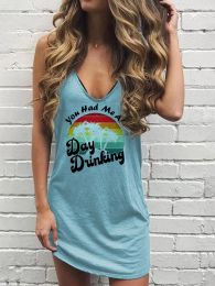 Dress Women's Summer Beach Tank Dress Funny Letter Print You Had Me at Day Drinking Coconut Tree Mini Dresses V Neck Vacation Sundress