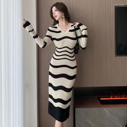 Casual Dresses Stripe Knitted Dress Women's Autumn Ladies High-end Sense Tight Waist Slimming Elegant Long-sleeved Base