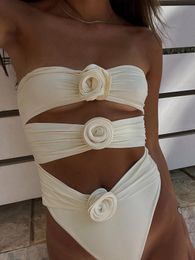 Women Swimsuit 2023 Bandeau Swimwear Floral Biquini High Waist Bodysuit Hollow Out Bathing Suit Beachear Swimming 240219