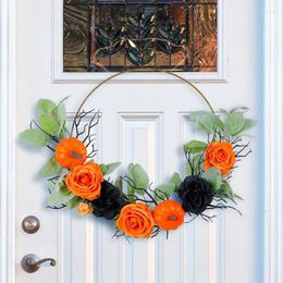 Decorative Flowers Iron Ring Pumpkin Rose Wreath Halloween Simulation Art Home Decoration Display Window Wall Hanging