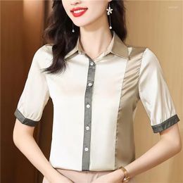 Women's Blouses Contrast Colour Polo Collar Shirt Summer Clothing Short Sleeved Silk Satin OL Tops Korean Fashion Women Blouse Blusa