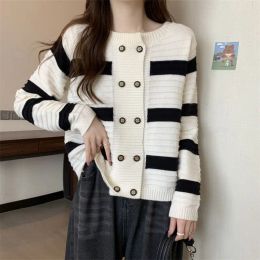 Cardigans Autumn Winter Vintage Striped Patchwork Cardigan Sweater Ladies Casual Fashion Allmatch Knitted Outwear Coat Women Jacket Top