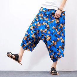 Pants Cotton Baggy Cross Pants Men Indian Boho Crotch Hip Hop Bloomers Printed CalfLength Korean Streetwear Lantern Harem Trousers