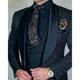 Suits 2023 Men Suits Slim Fit Royal Blue and Black Groom Tuxedos Shawl Satin Lapel Groomsmen Luxury Wedding ( Jacket+Pants+Vest )