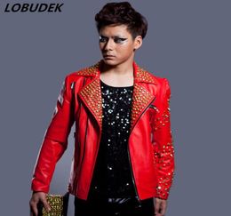 High Quality Men Red Black PU Leather Jacket Coat Tide Male Nightclub Bar DJ Singer Rivet Outerwear Rock Punk Dance Performance St1265987