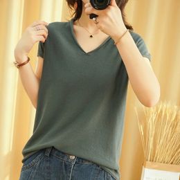 Womens T-shirt Summer 100% Pure Cotton Tees Casual Solid Knitted Short sleeved V-neck Pullover Loose Tops Fashion Sweater 240228